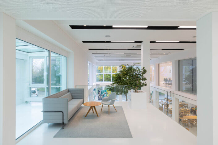 Modern office interior with large windows, a gray couch, a small table and a plant. Bright room with glass walls and minimalist furniture.