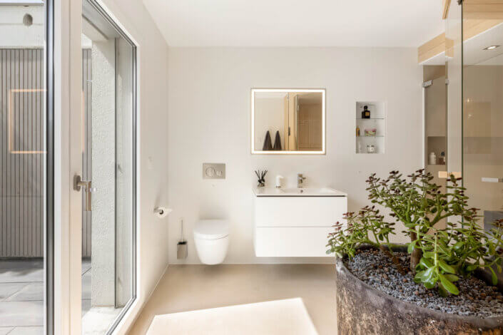 Modern bathroom with rectangular mirror and floating washbasin. There is a large potted plant in the foreground and a glass shower to the right. A large window provides natural light.