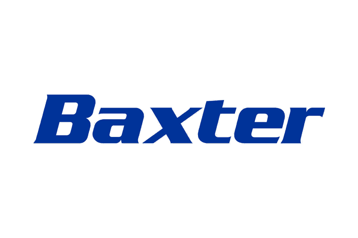 Blaues Textlogo auf weißem Hintergrund mit dem Wort „Baxter“.