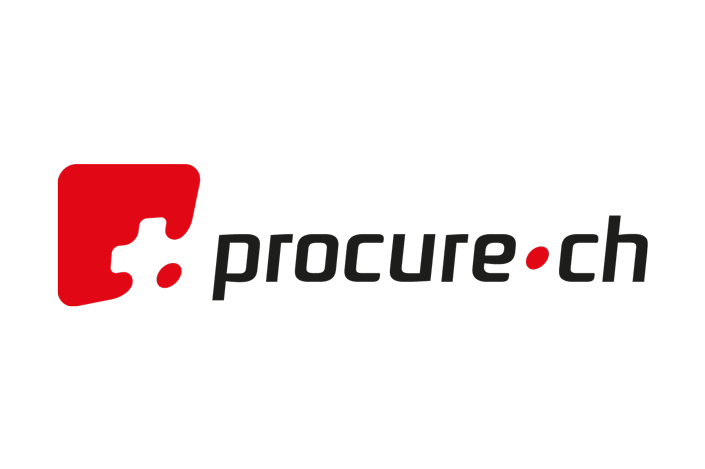 Das Logo von procure.ch besteht aus einer roten abstrakten Form mit einem weißen Ausschnitt, daneben steht der Name der Organisation in schwarzer Schrift mit einem roten Punkt.