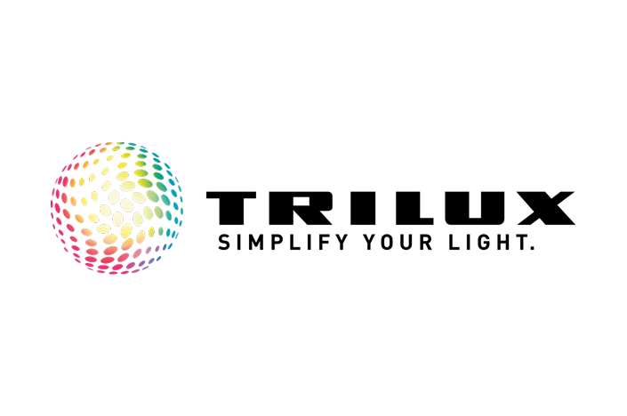 Logo von Trilux mit einer bunten gepunkteten Kugel auf der linken Seite und dem Text „TRILUX SIMPLIFY YOUR LIGHT.“ auf der rechten Seite.